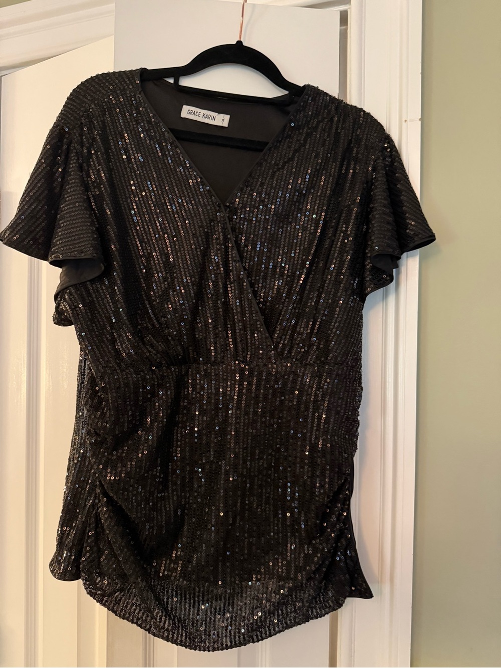 Grace Karin Black Sequin Wrap V-Neck Flutter Sleeve Top